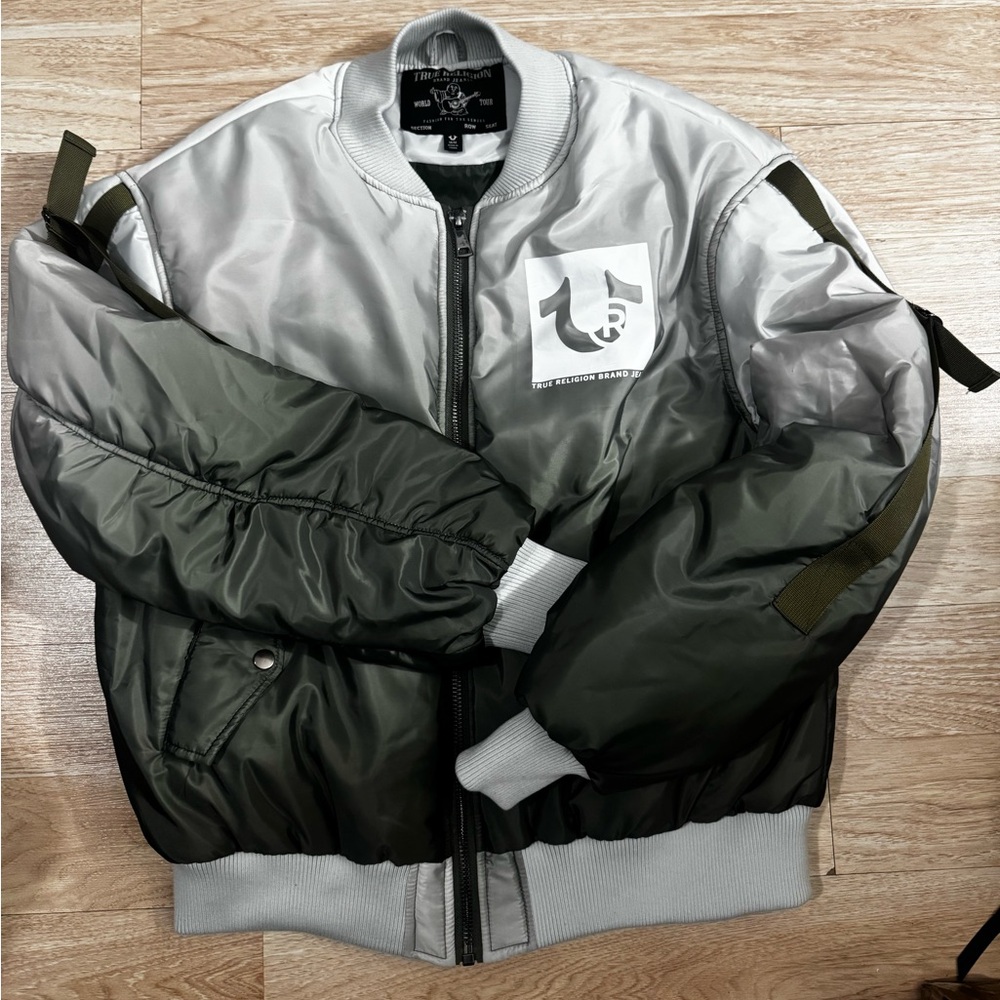 True Religion Men's Green and Gray Bomber Jacket